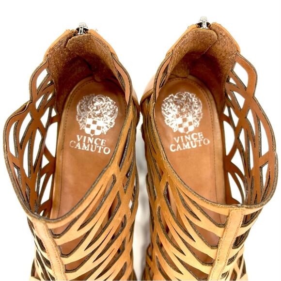 Vince Camuto Open Toe Bootie Sz 10 Tan/Brown Cut-Out Leather Stacked Block Heel - Picture 10 of 16